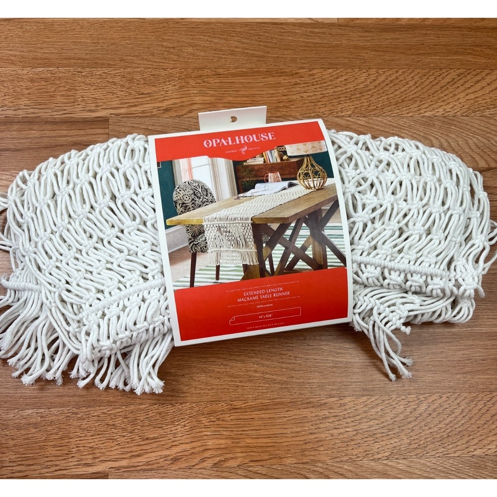 Opalhouse Extended Length‎ Macrame Boho Table Runner White 14" x 108" Cotton NEW